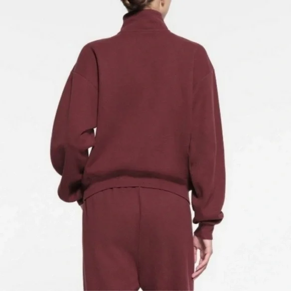 Skims Cotton Fleece Classic Half Zip Pullover Hoodie Oxblood Burgundy - Picture 2 of 5